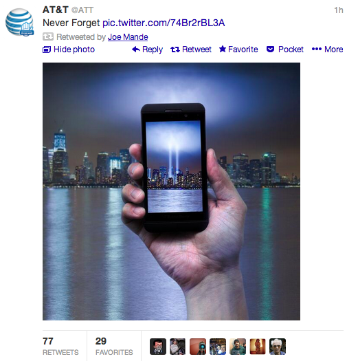 Рекламный твит AT&T в память о погибших 11 сентября 2001 года